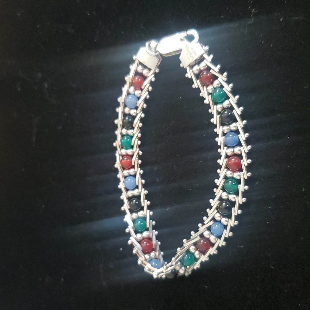 Vintage Milor Italy Sterling Silver Riccio Rolling Colored Glass Bead Bracelet